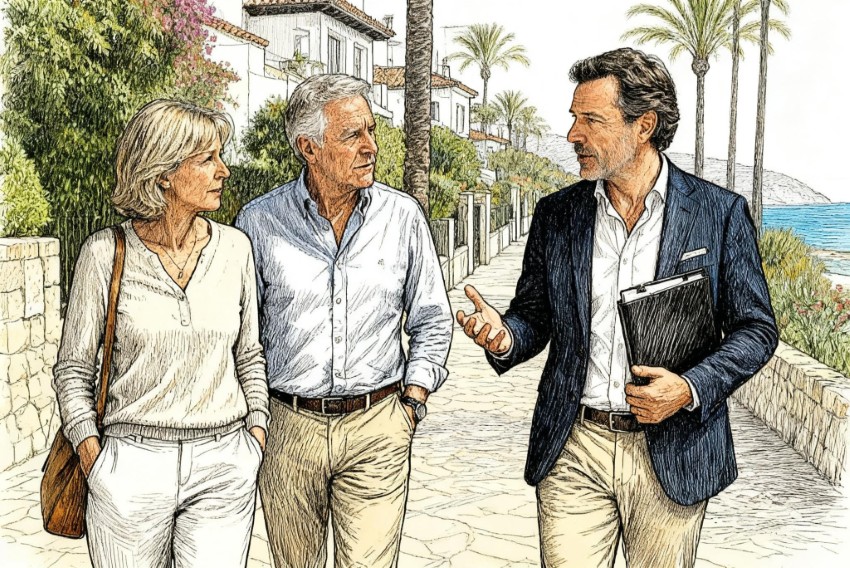 Agent and clients relaxed and discussing the sale of a property