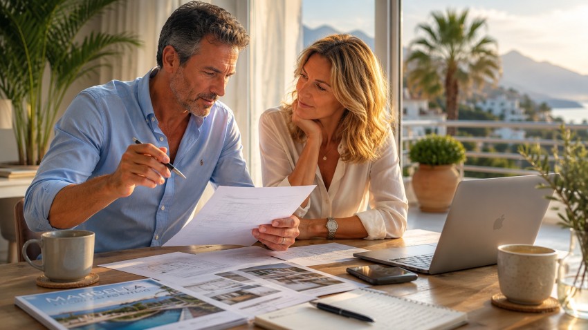A couple in their late forties sit quietly together at a table in a bright Costa del Sol home, reviewing paperwork relating to the sale of their property. Coffee cups, a laptop, floor plans, and documents are spread across the table as they discuss their next steps in a calm and thoughtful atmosphere.