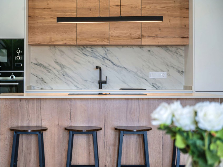 Original kitchen design with natural wood features.