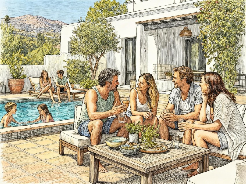 Two families discussing whether to buy a property in Spain together
