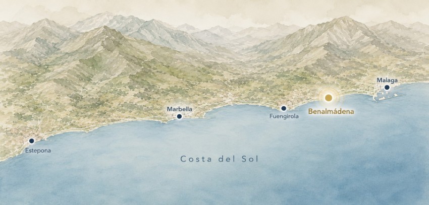 Carte montrant l’emplacement de Benalmádena sur la Costa del Sol.