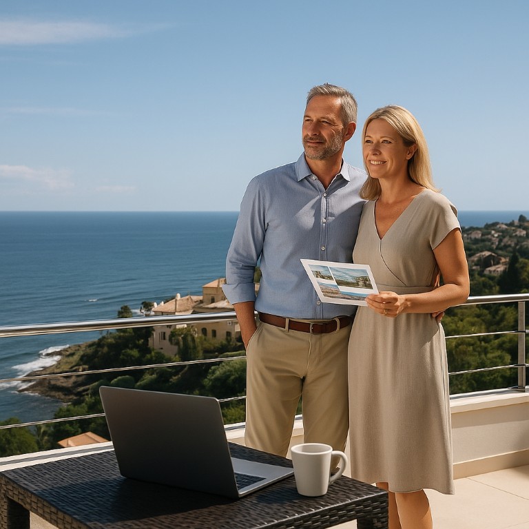 Couple enjoying a sea view while searching for property on the Costa del Sol