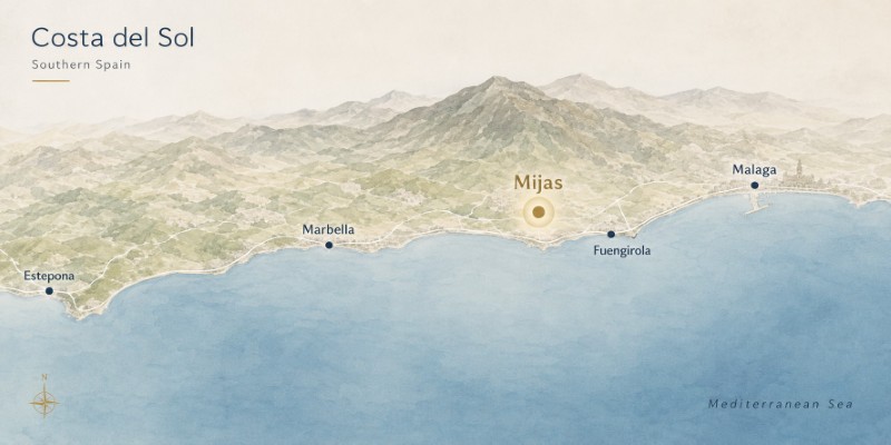 Cartes montrant l’emplacement de Mijas sur la Costa del Sol.