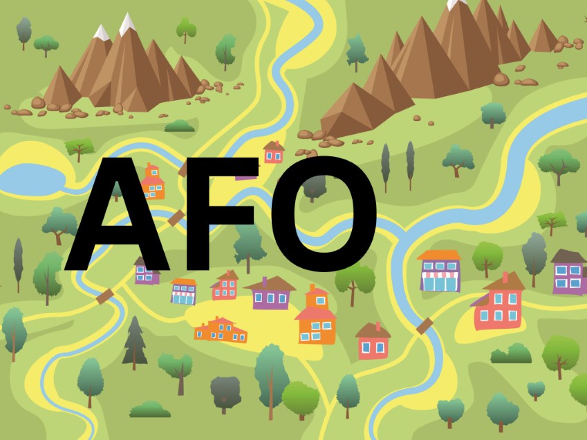 AFO in Andalusien Costa del Sol Übersichtskarte von Südspanien mit der Costa del Sol und dem Schriftzug AFO in großen Buchstaben, als Hinweis auf ländliche Immobilien in Andalusien, die möglicherweise ein AFO-Zertifikat benötigen.