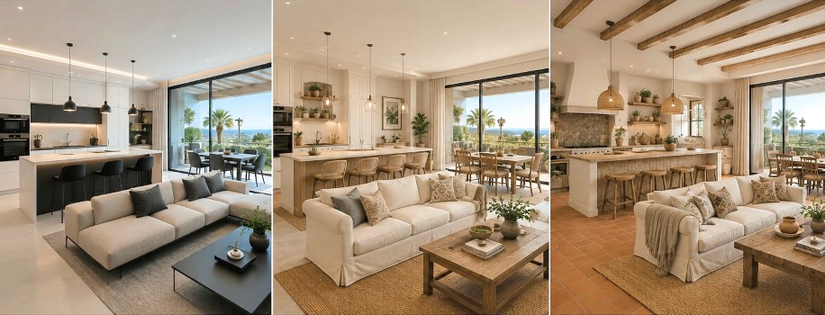 Modern oder traditionell für Sie? Drei offene Küchen- und Wohnraumdesigns mit modernen, mediterranen und traditionellen spanischen Landhausstilen an der Costa del Sol.