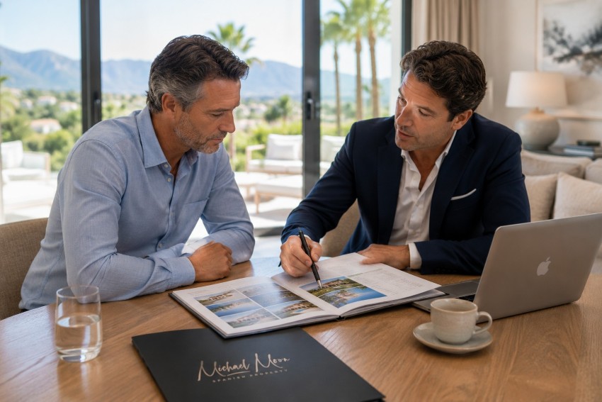 Honest Advice A calm and straightforward conversation between estate agent and property owner reviewing comparable Marbella properties and pricing strategy on the Costa del Sol. An image reflecting realistic advice, market positioning, and thoughtful decision-making rather than sales pressure.