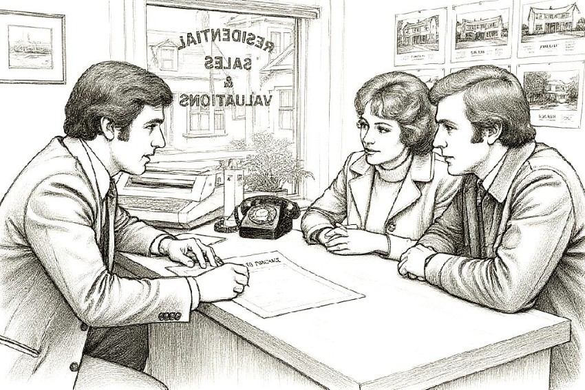 Questions are part of the job. 1970s agent asking customer questions