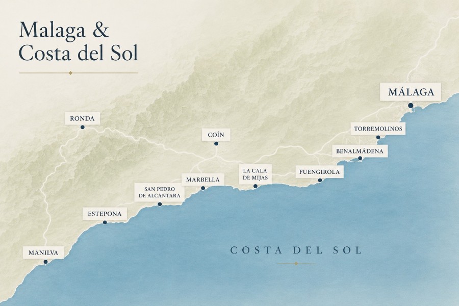 Mapa de la Costa del Sol Mapa que muestra las principales ubicaciones de la Costa del Sol.