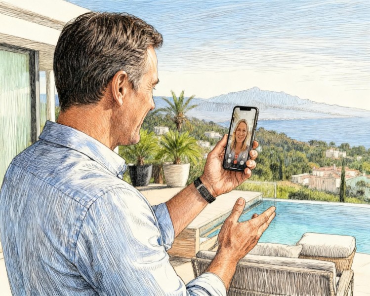 Comunicación entre agente y cliente. Cliente recibiendo asesoramiento inmobiliario de confianza en Marbella con vistas a la costa de la Costa del Sol