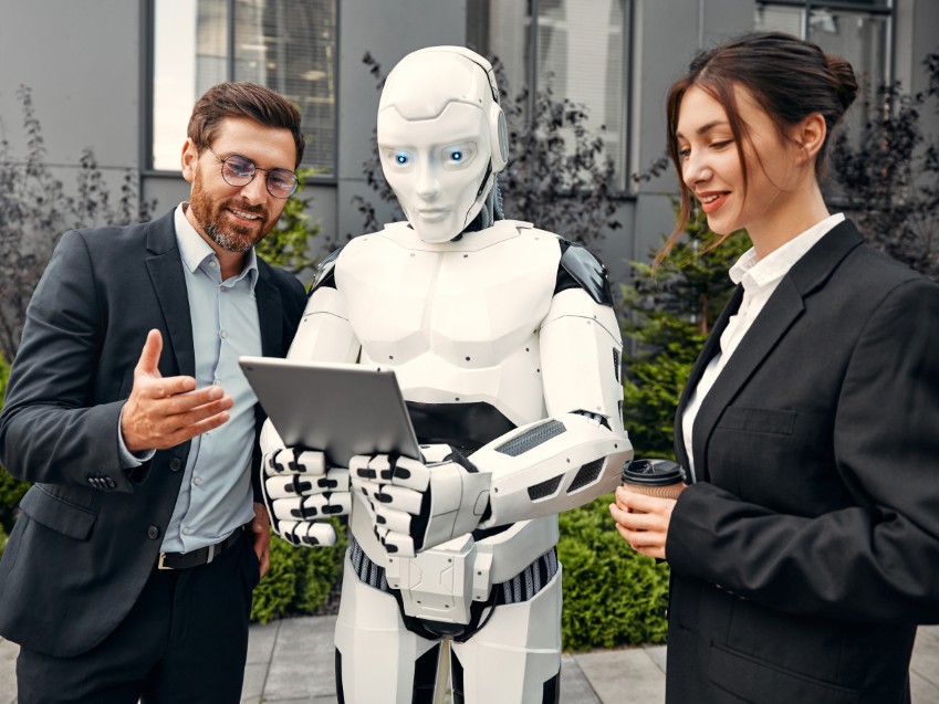 Pareja hablando con un robot que mira una tableta, simbolizando el contraste entre la inteligencia artificial y la conexión humana en el sector inmobiliario. La IA puede leer los datos, pero las personas se entienden entre sí