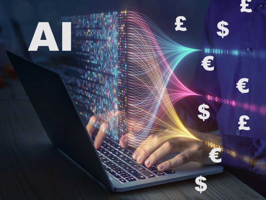 Primer plano de una mano sobre un teclado con un fondo digital que muestra la palabra AI y símbolos de distintas monedas Mano sobre teclado con texto de IA y símbolos de monedas