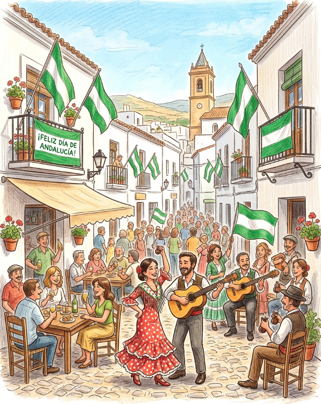 Celebración del Día de Andalucía Ilustración estilo boceto de una escena callejera en Andalucía con personas vestidas con trajes tradicionales y la bandera regional en el Día de Andalucía