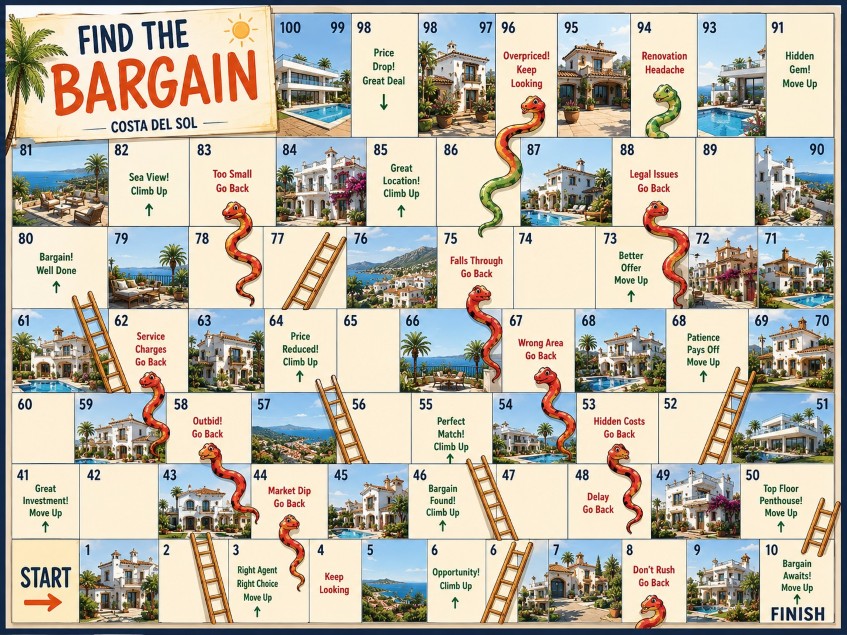 Bargain Hunt Costa del Sol Tablero ilustrado estilo serpientes y escaleras inspirado en la compra de propiedades en la Costa del Sol, con villas, apartamentos, escaleras, serpientes y decisiones relacionadas con encontrar oportunidades y valor en el mercado inmobiliario español.