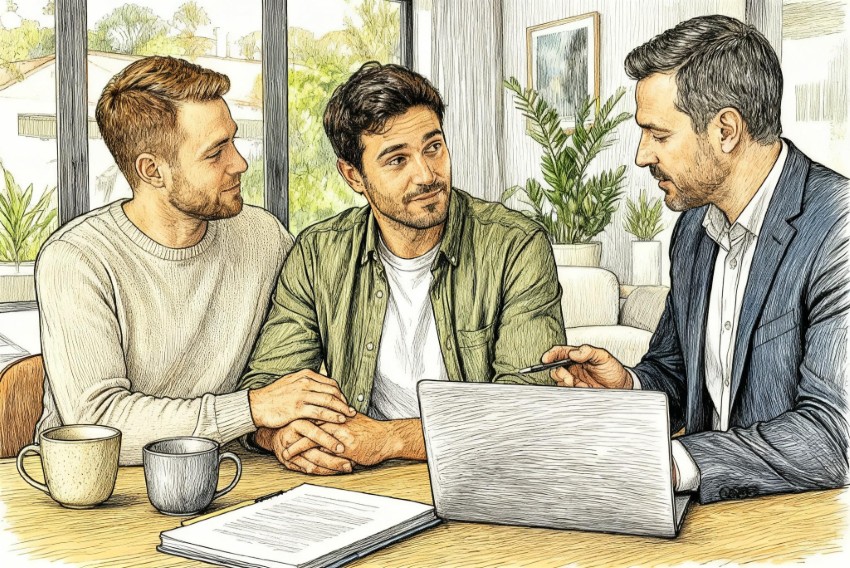 Conseils en financement immobilier en Espagne pour votre achat sur la Costa del Sol Un couple reçoit des conseils rassurants de la part d’un conseiller en financement immobilier