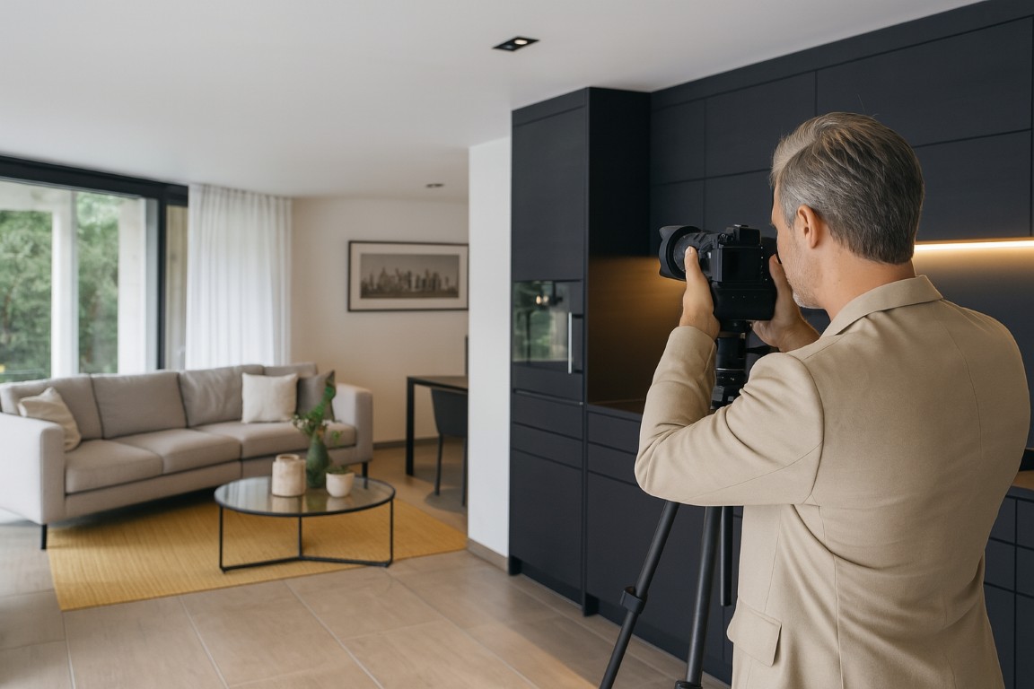 Photographe immobilier professionnel capturant l'intérieur d'une maison espagnole de luxe Un photographe immobilier capturant une cuisine moderne et spacieuse dans une villa espagnole