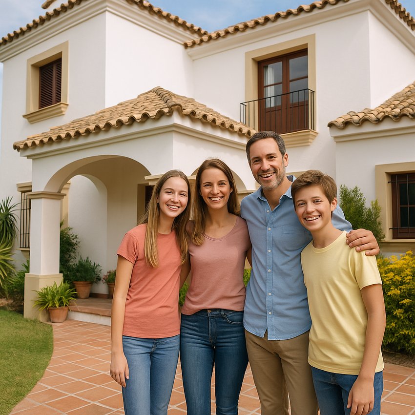 Een gezin reserveert een villa aan de Costa del Sol Een blij gezin buiten een Andalusische villa, klaar om hun nieuwe woning te reserveren