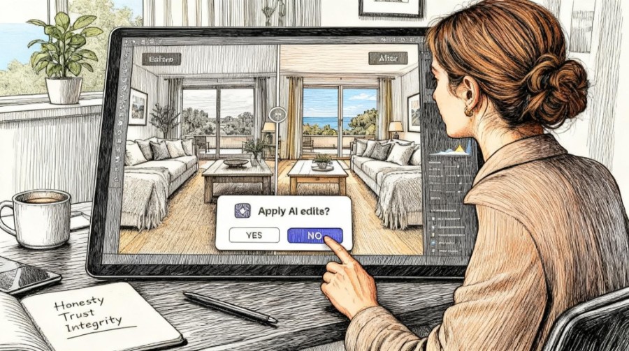 ¿Aplicar los cambios, sí o no? Agente inmobiliario decidiendo si acepta los cambios realizados con IA en una fotografía