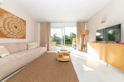 Available for rent in August 2 bedroom garden apartment, walk to the beach, Jardín Miraflores, Mijas Costa on the Costa del Sol